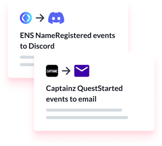 Dispatch Patch examples showing 'ENS NameRegistered events to Discord' and 'Captains QuestStarted events to email'